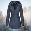 Women's Mid-Thigh Quilted Puffer Coat with Removable Hood – Navy Blue