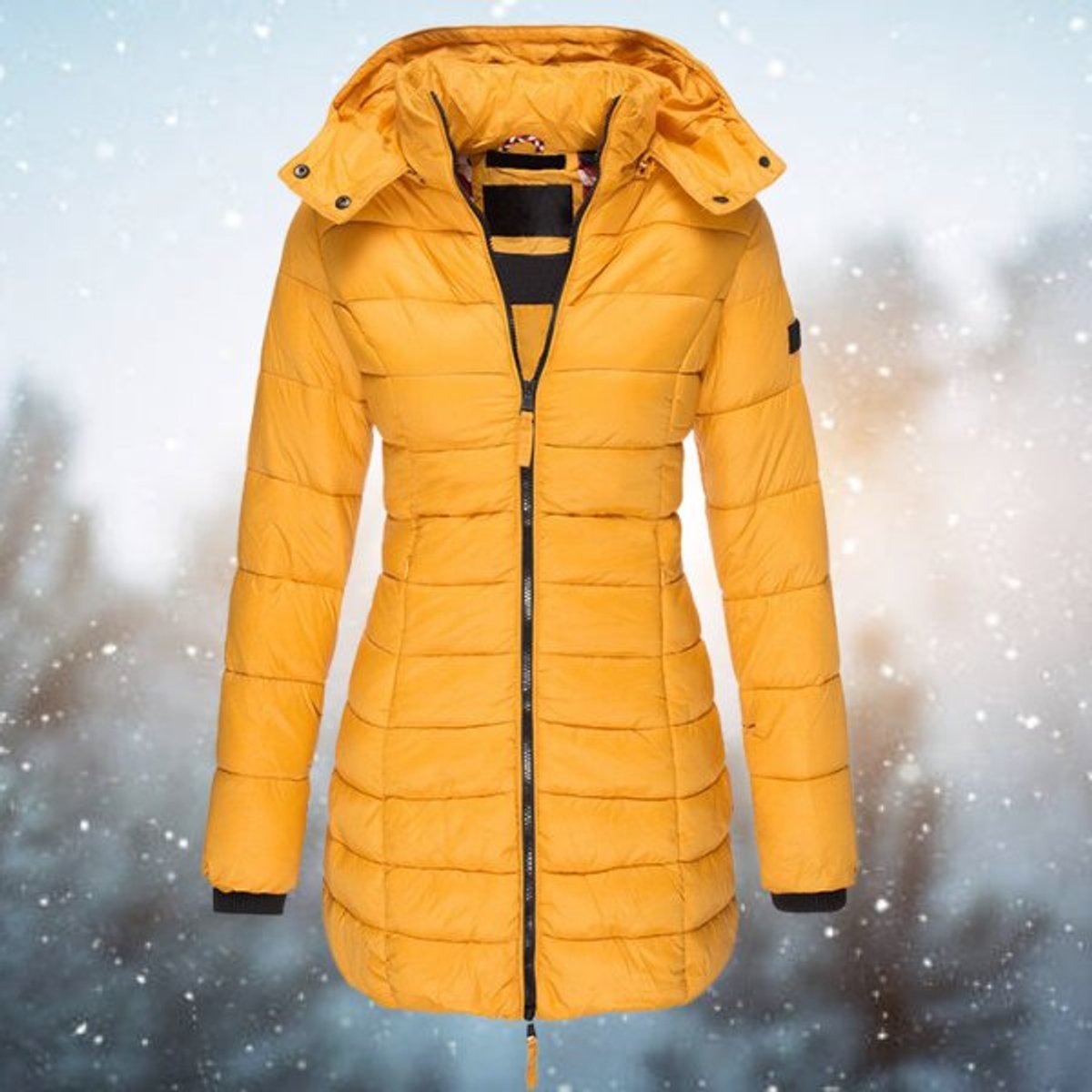 Women's Mid-Thigh Quilted Puffer Coat with Removable Hood – Yellow