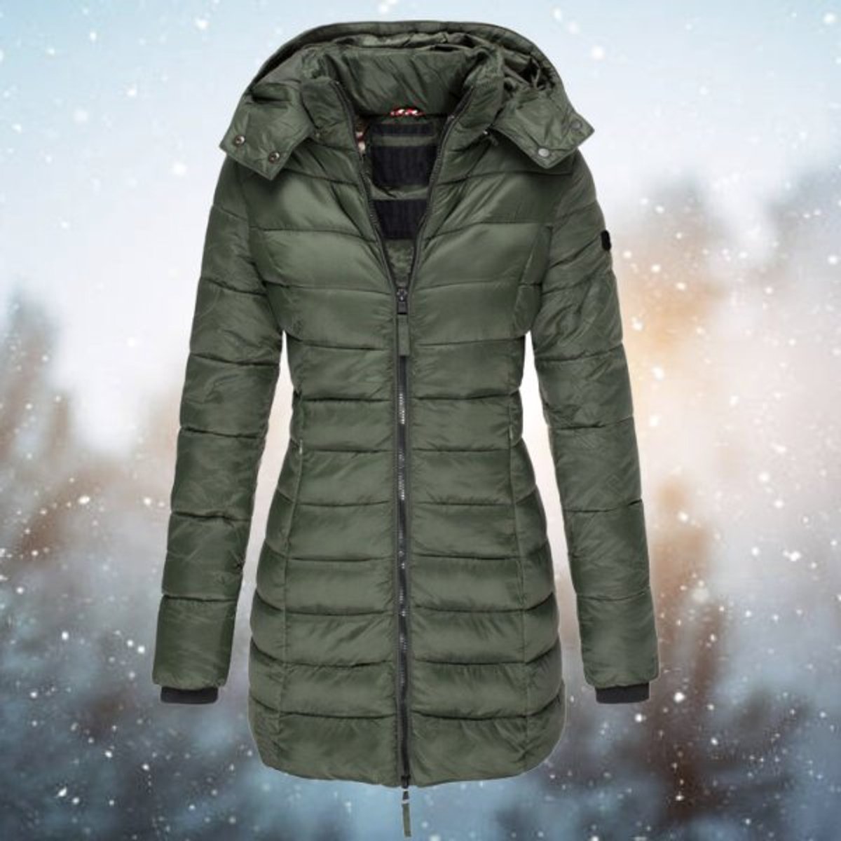 Women's Mid-Thigh Quilted Puffer Coat with Removable Hood – Green