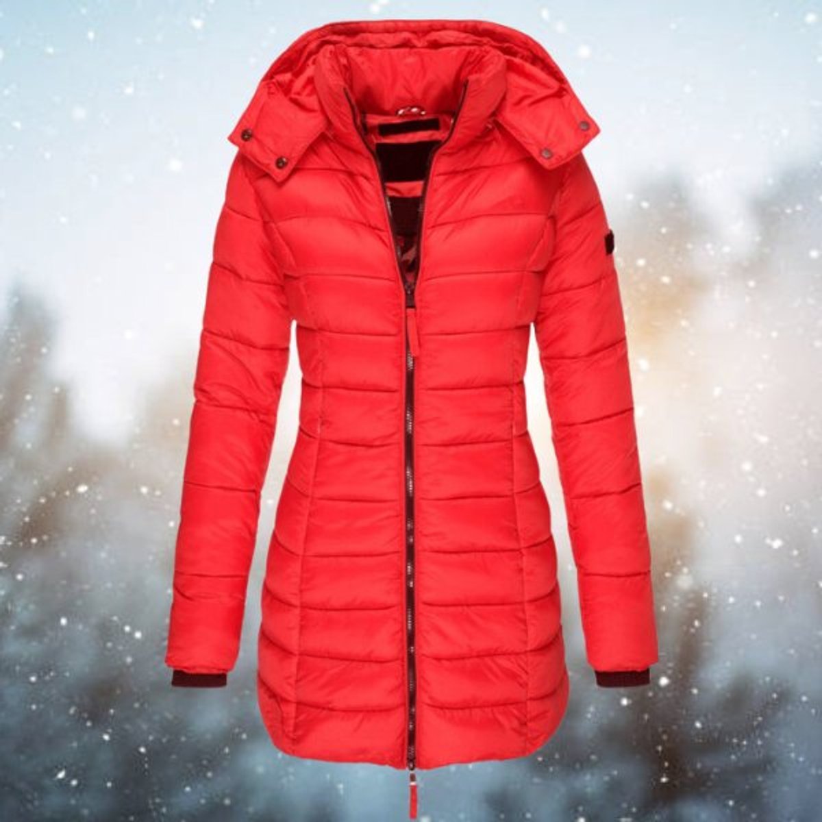 Women's Mid-Thigh Quilted Puffer Coat with Removable Hood – Red