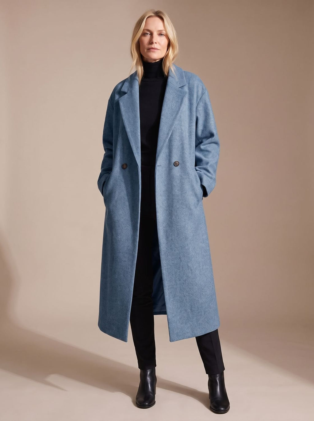 Women's Mid-Calf Notch Lapel Double-Breasted Coat - Blue