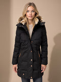 Women's Faux Fur Trim Hooded Longline Puffer Coat – Black