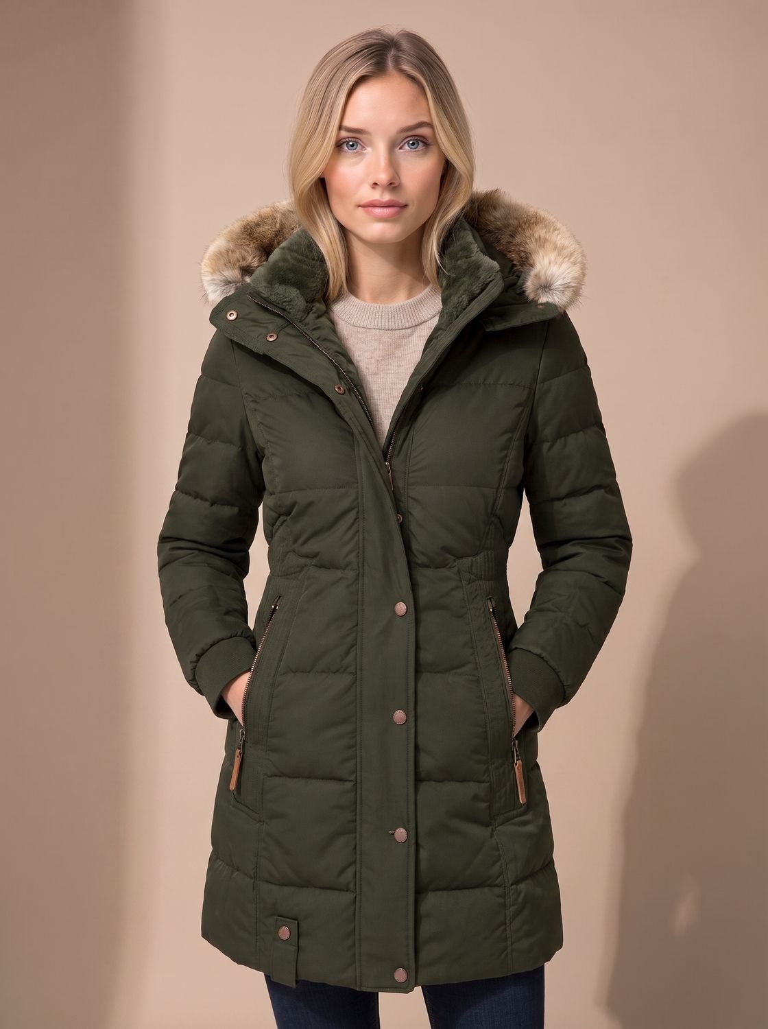 Women's Faux Fur Trim Hooded Longline Puffer Coat – Green
