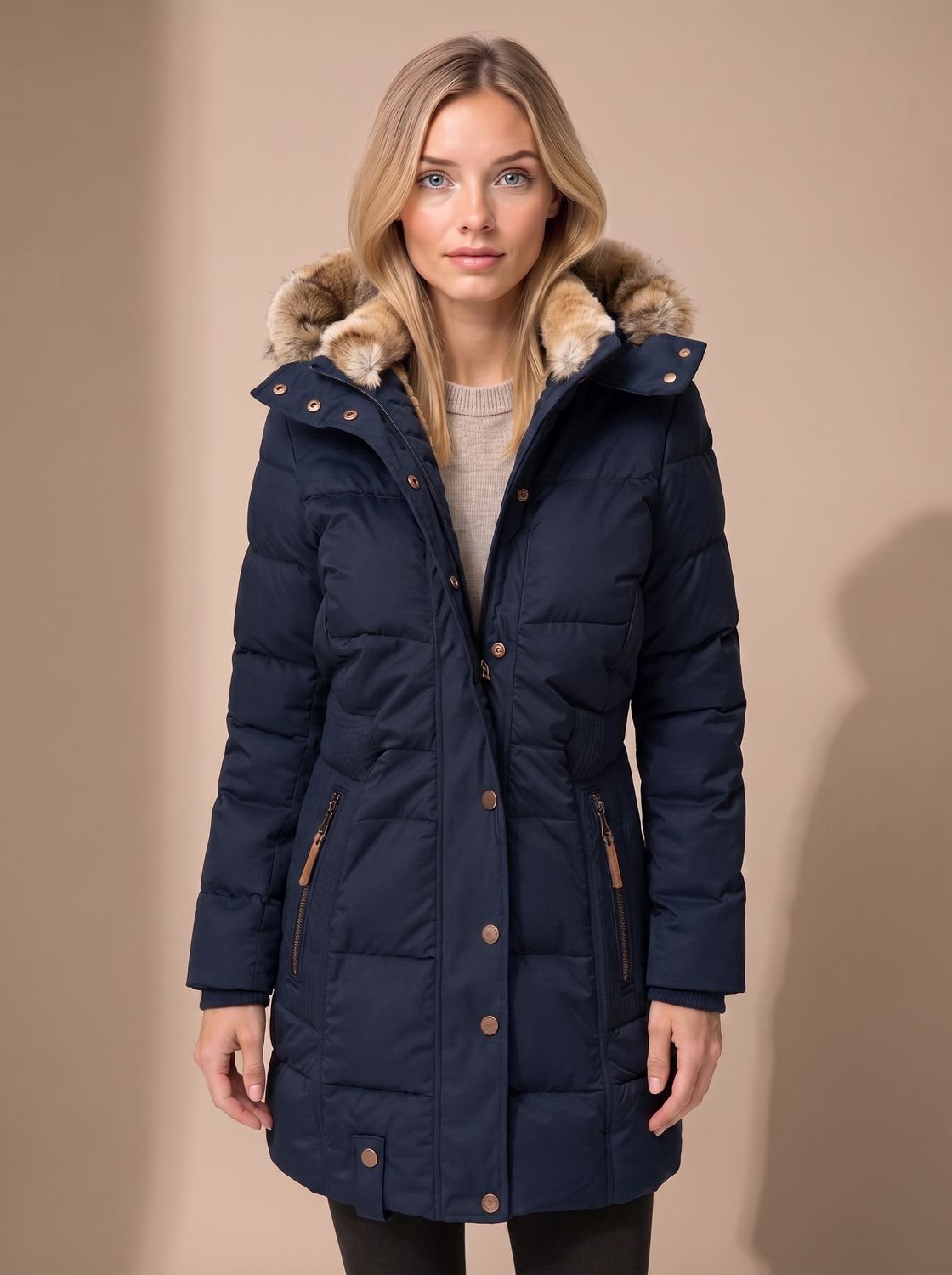 Women's Faux Fur Trim Hooded Longline Puffer Coat – Blue