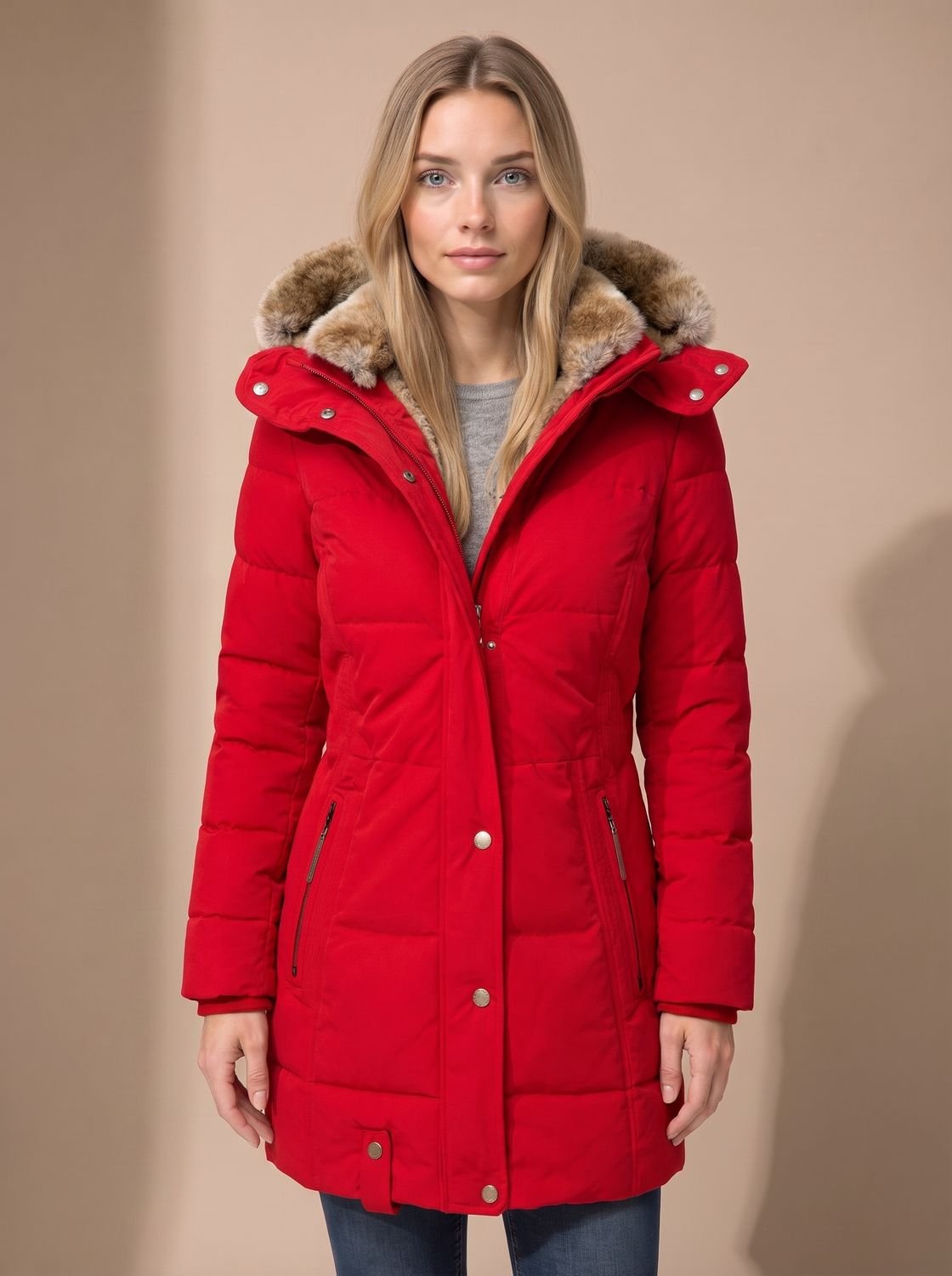 Women's Faux Fur Trim Hooded Longline Puffer Coat – Red