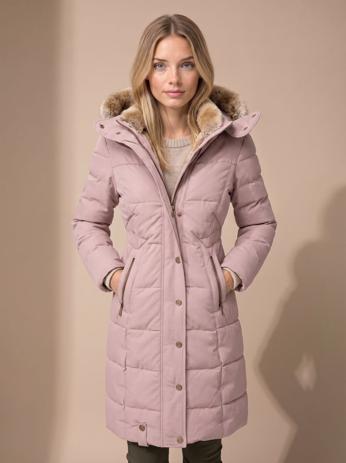 Women's Faux Fur Trim Hooded Longline Puffer Coat – Pink