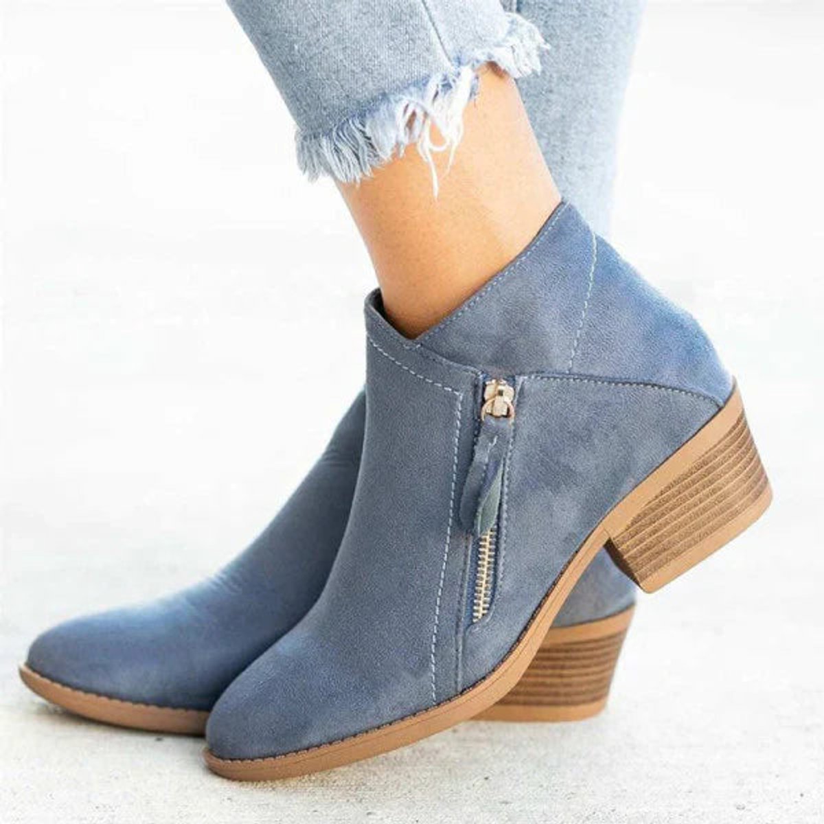 Women's Low Stacked Heel Ankle Boots Side Zip – Blue