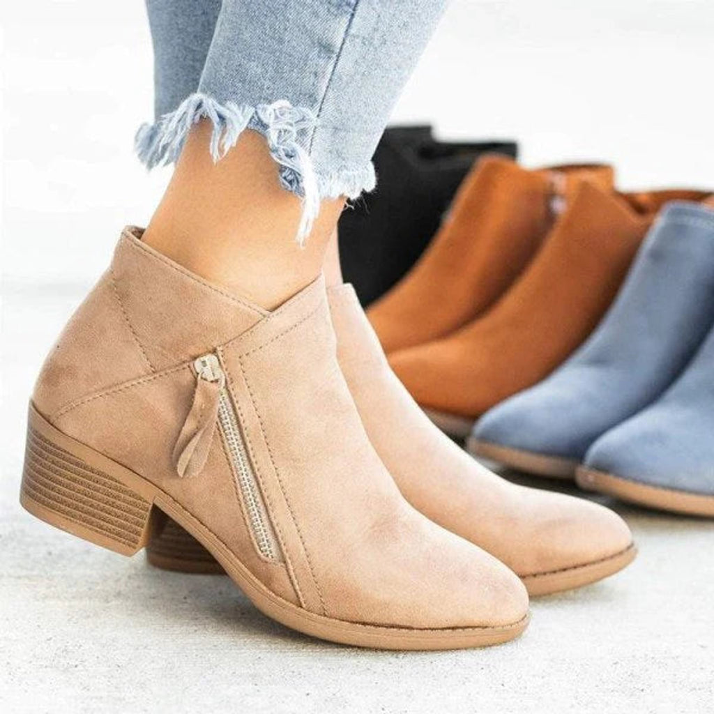 Women's Low Stacked Heel Ankle Boots Side Zip
