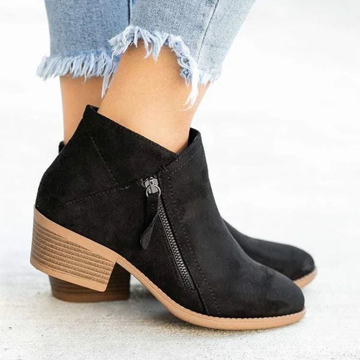 Women's Low Stacked Heel Ankle Boots Side Zip – Black