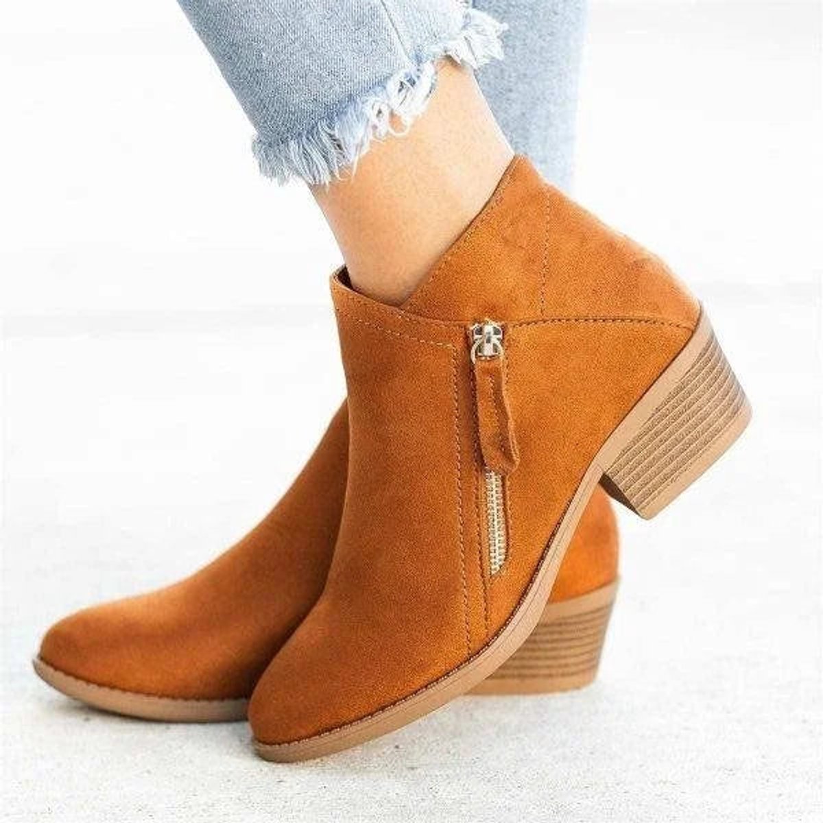 Women's Low Stacked Heel Ankle Boots Side Zip – Orange