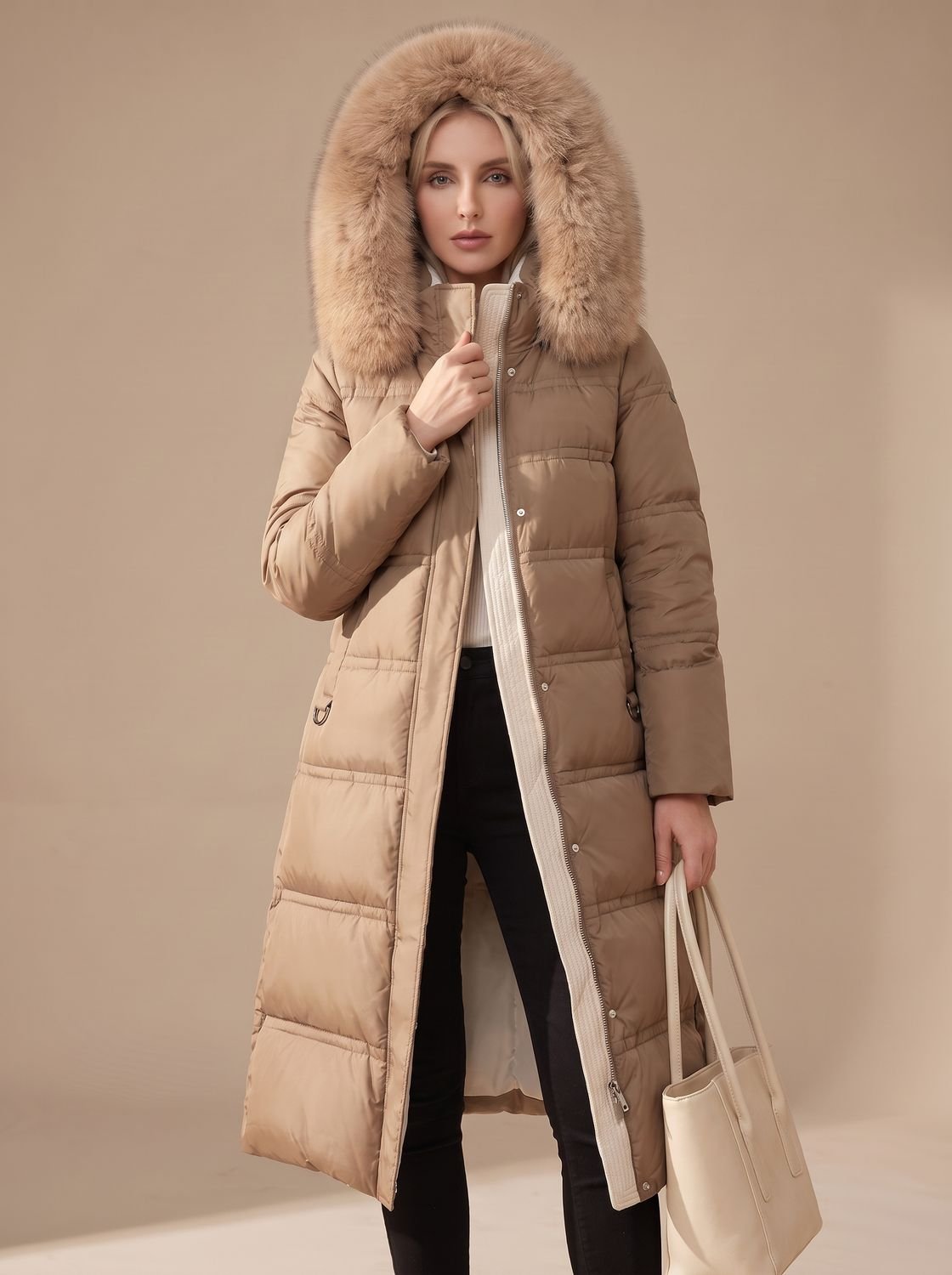Women's Mid-Calf Wind and Water Resistant Parka with Plush Trim Hood