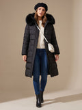 Women's Mid-Calf Wind and Water Resistant Parka with Plush Trim Hood - Black