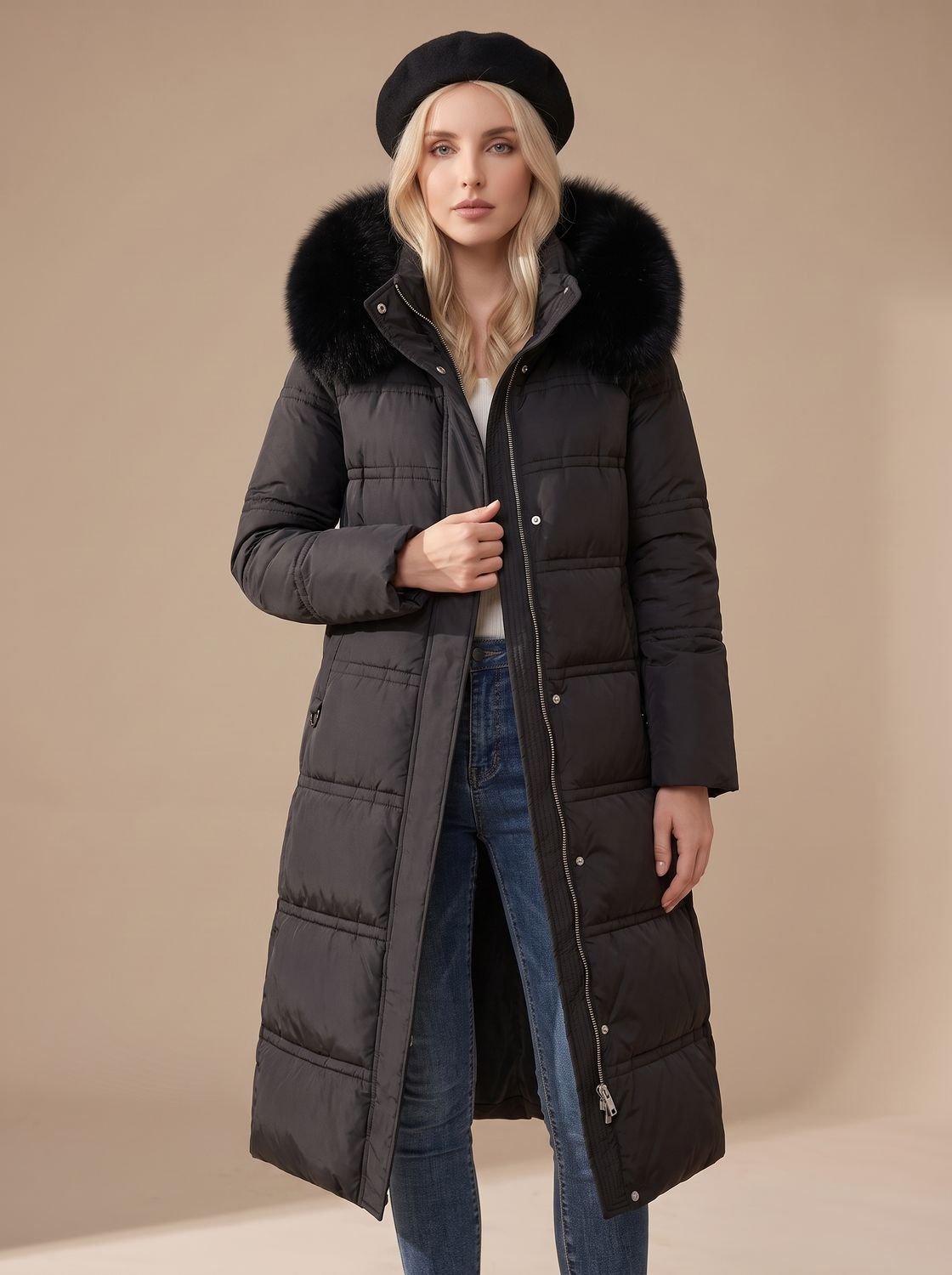Women's Mid-Calf Wind and Water Resistant Parka with Plush Trim Hood