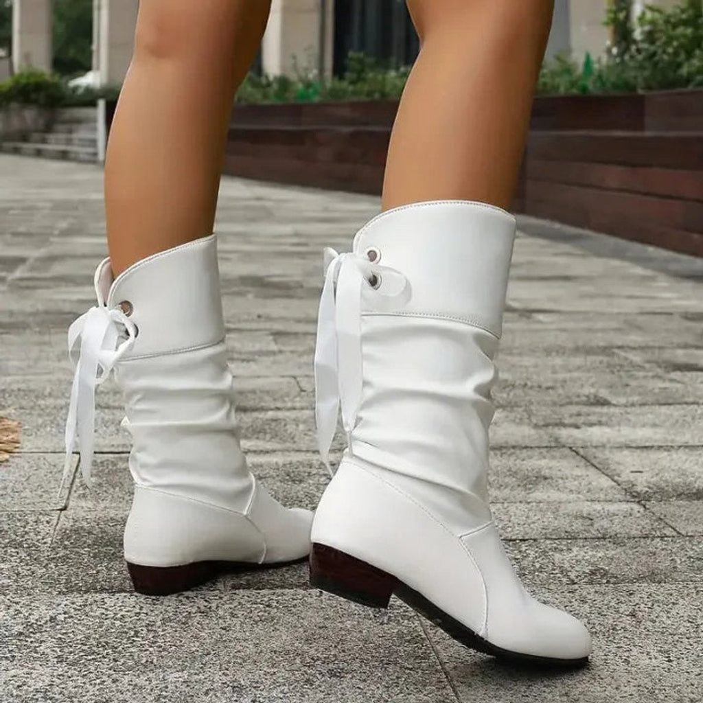 Women's Slouchy Faux Leather Boots with Ribbon Lace-Up Back