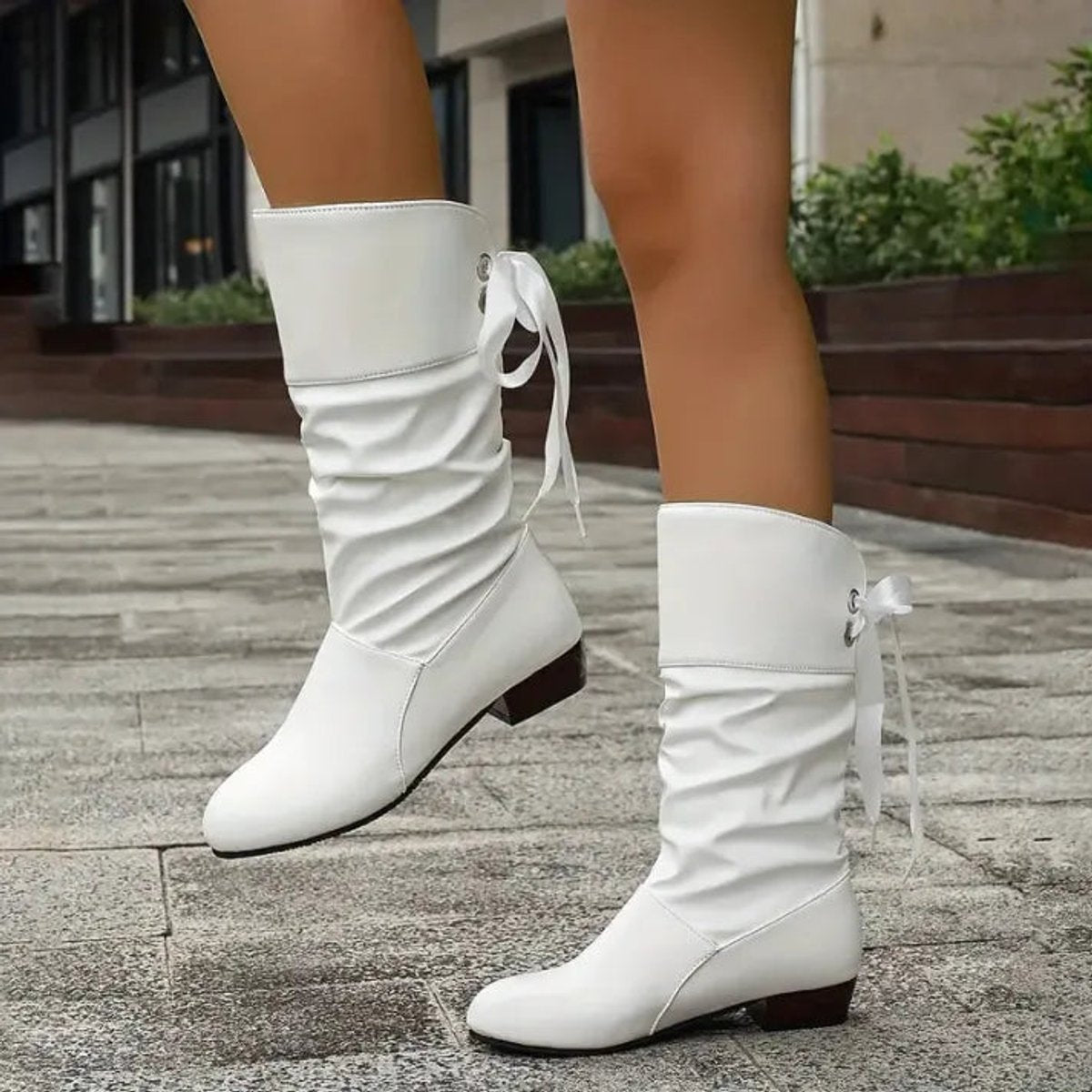 Women's Slouchy Faux Leather Boots with Ribbon Lace-Up Back