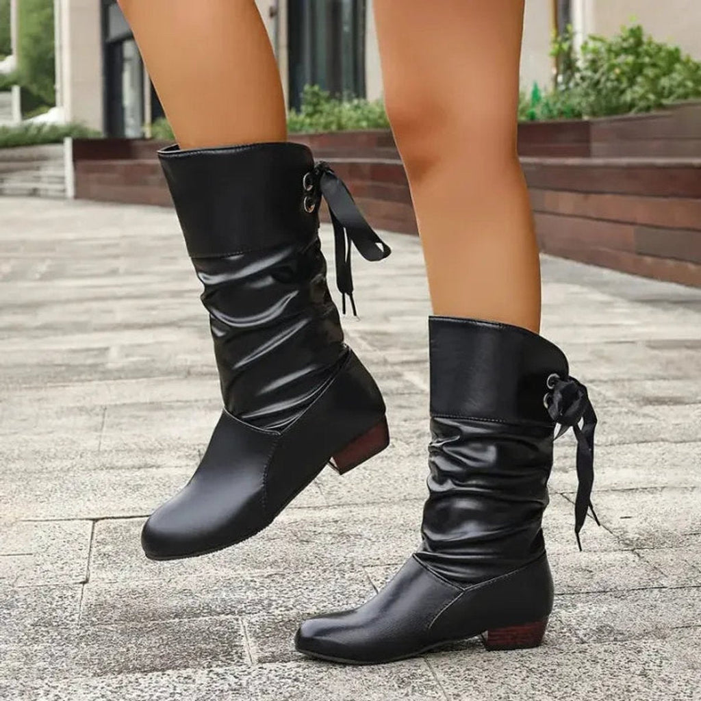 Women's Slouchy Faux Leather Boots with Ribbon Lace-Up Back