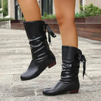 Women's Slouchy Faux Leather Boots with Ribbon Lace-Up Back
