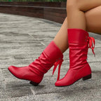 Women's Slouchy Faux Leather Boots with Ribbon Lace-Up Back