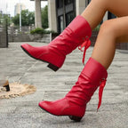 Women's Slouchy Faux Leather Boots with Ribbon Lace-Up Back
