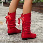Women's Slouchy Faux Leather Boots with Ribbon Lace-Up Back