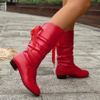 Women's Slouchy Faux Leather Boots with Ribbon Lace-Up Back