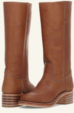 Women's Pull-On Leather Western Boots with Stacked Block Heel – Light Brown