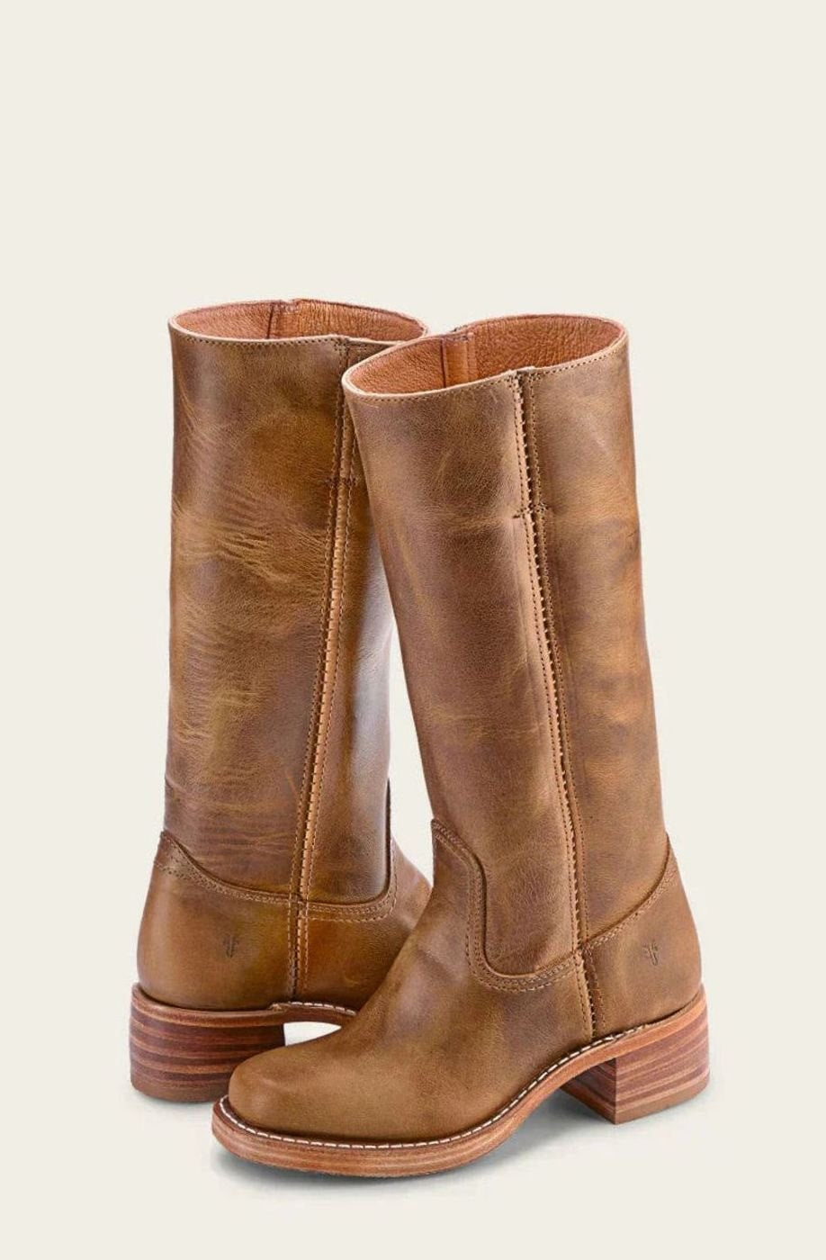 Women's Pull-On Leather Western Boots with Stacked Block Heel – Brown