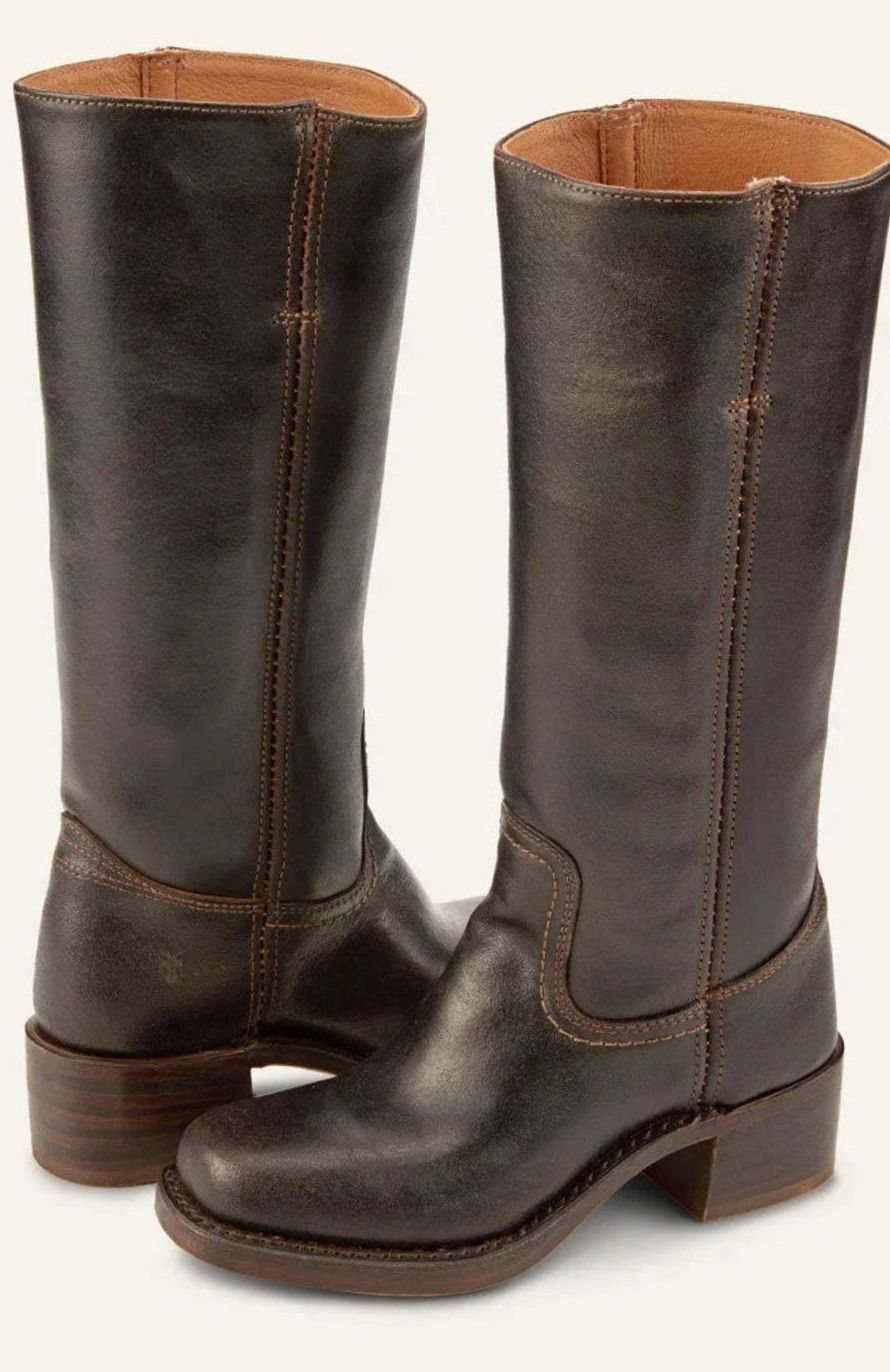 Women's Pull-On Leather Western Boots with Stacked Block Heel – Dark Brown