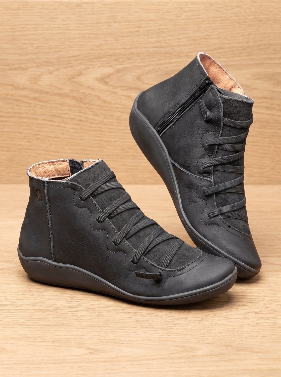 Women's Cross-Lace Wedge Orthopedic Ankle Boots with Side Zip - Black