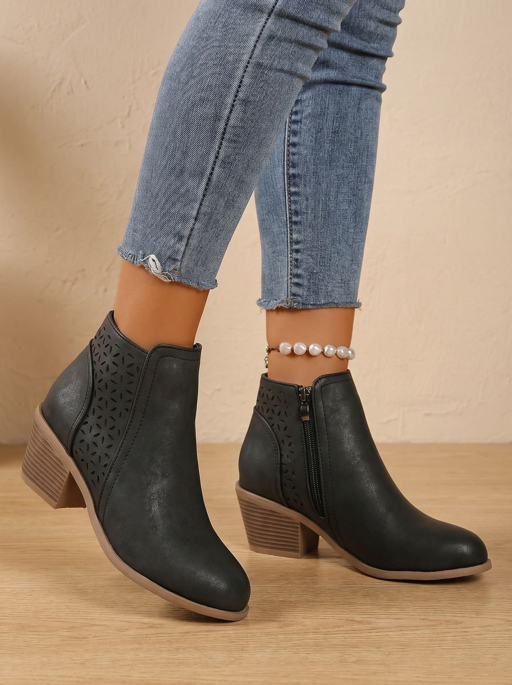 Women's Stacked Heel Orthopedic Ankle Boots with Cutout Detail