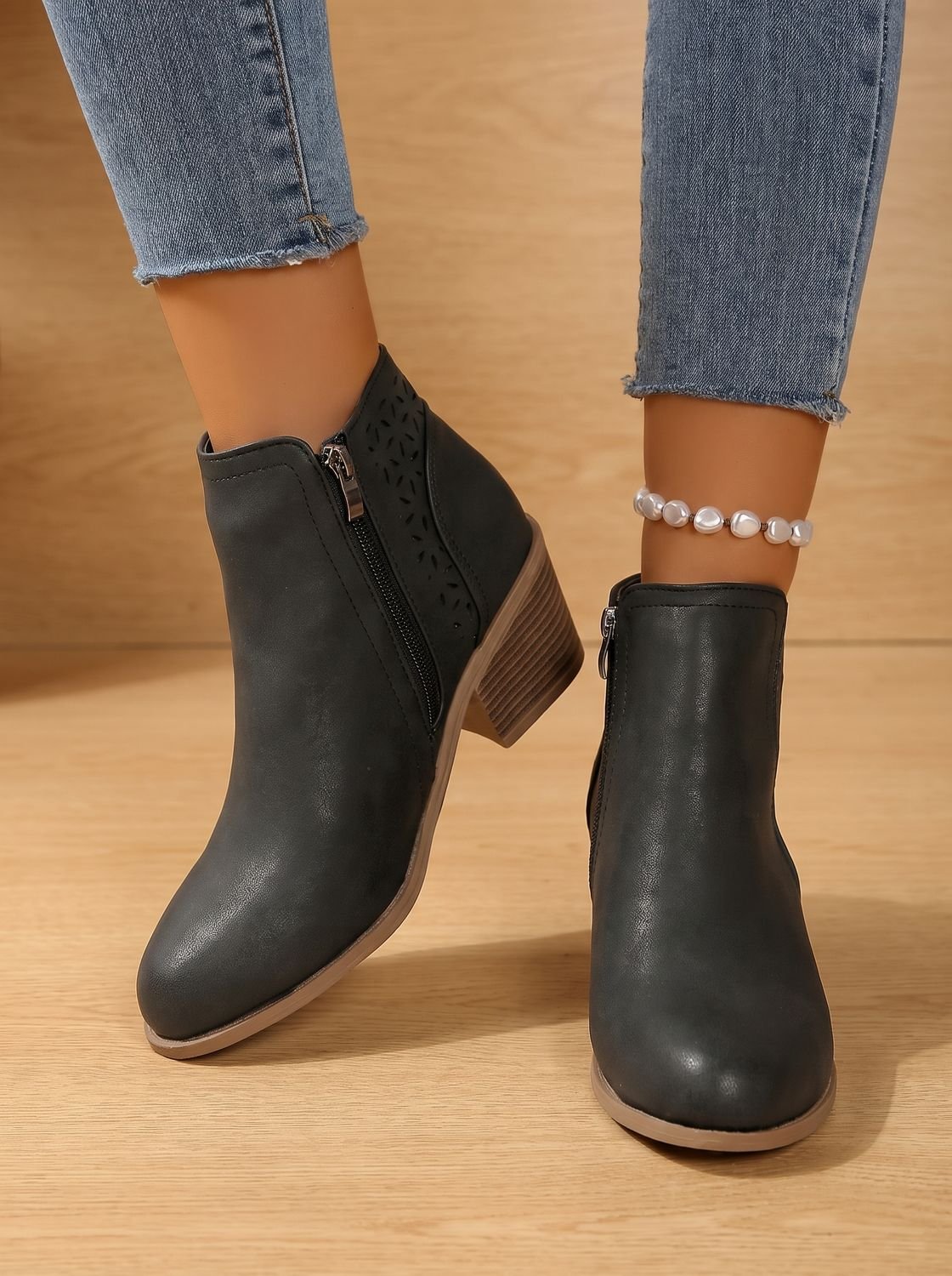 Women's Stacked Heel Orthopedic Ankle Boots with Cutout Detail