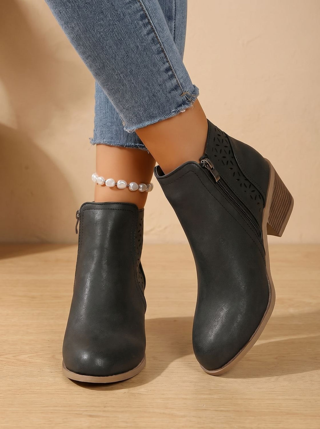 Women's Stacked Heel Orthopedic Ankle Boots with Cutout Detail