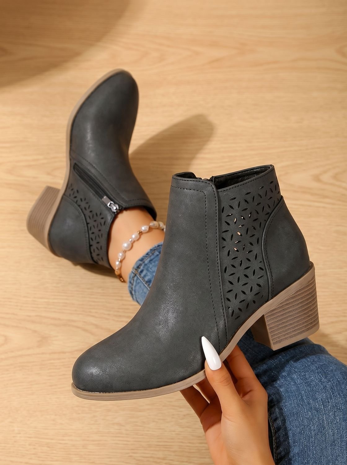Women's Stacked Heel Orthopedic Ankle Boots with Cutout Detail