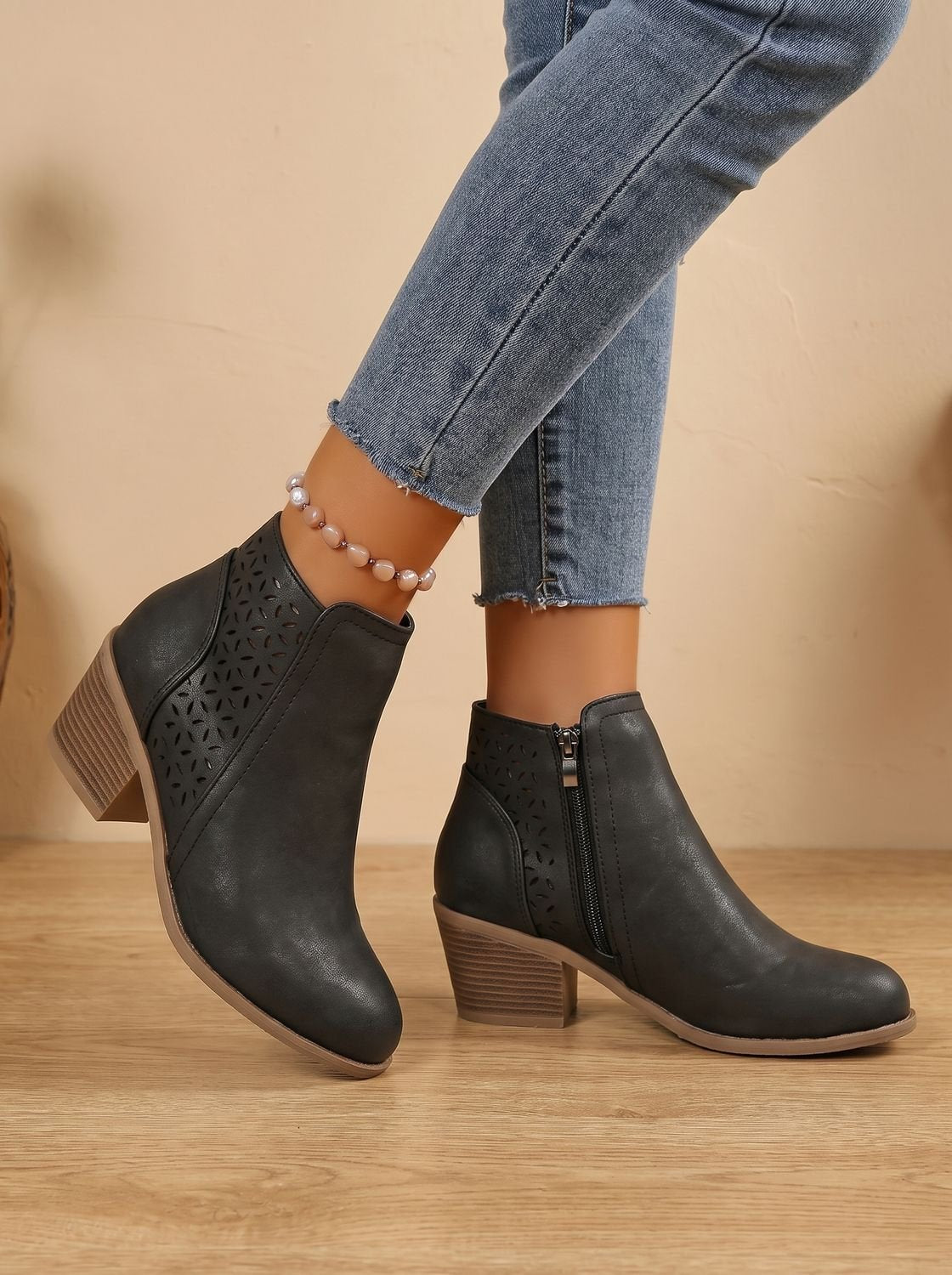 Women's Stacked Heel Orthopedic Ankle Boots with Cutout Detail
