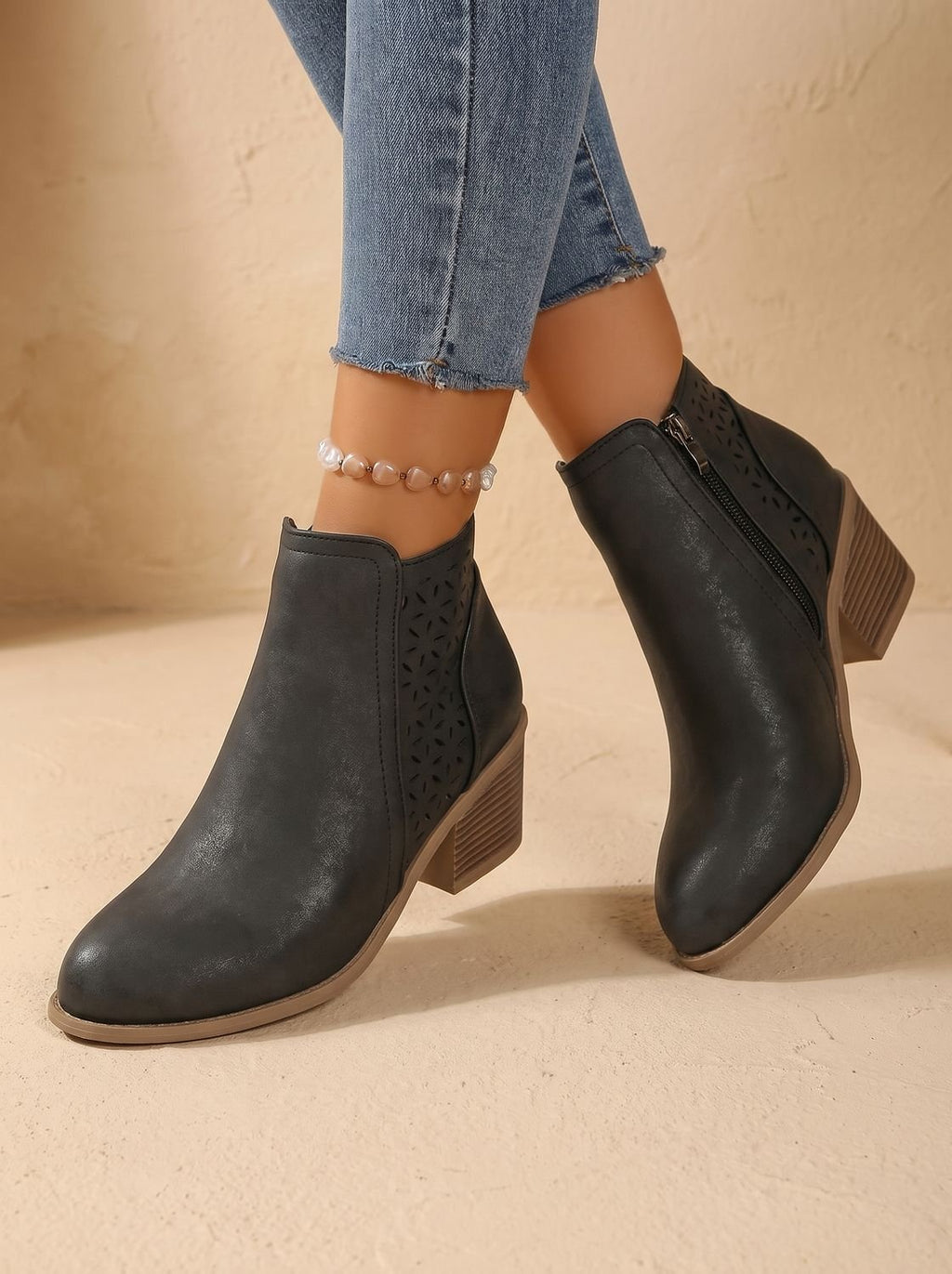 Women's Stacked Heel Orthopedic Ankle Boots with Cutout Detail