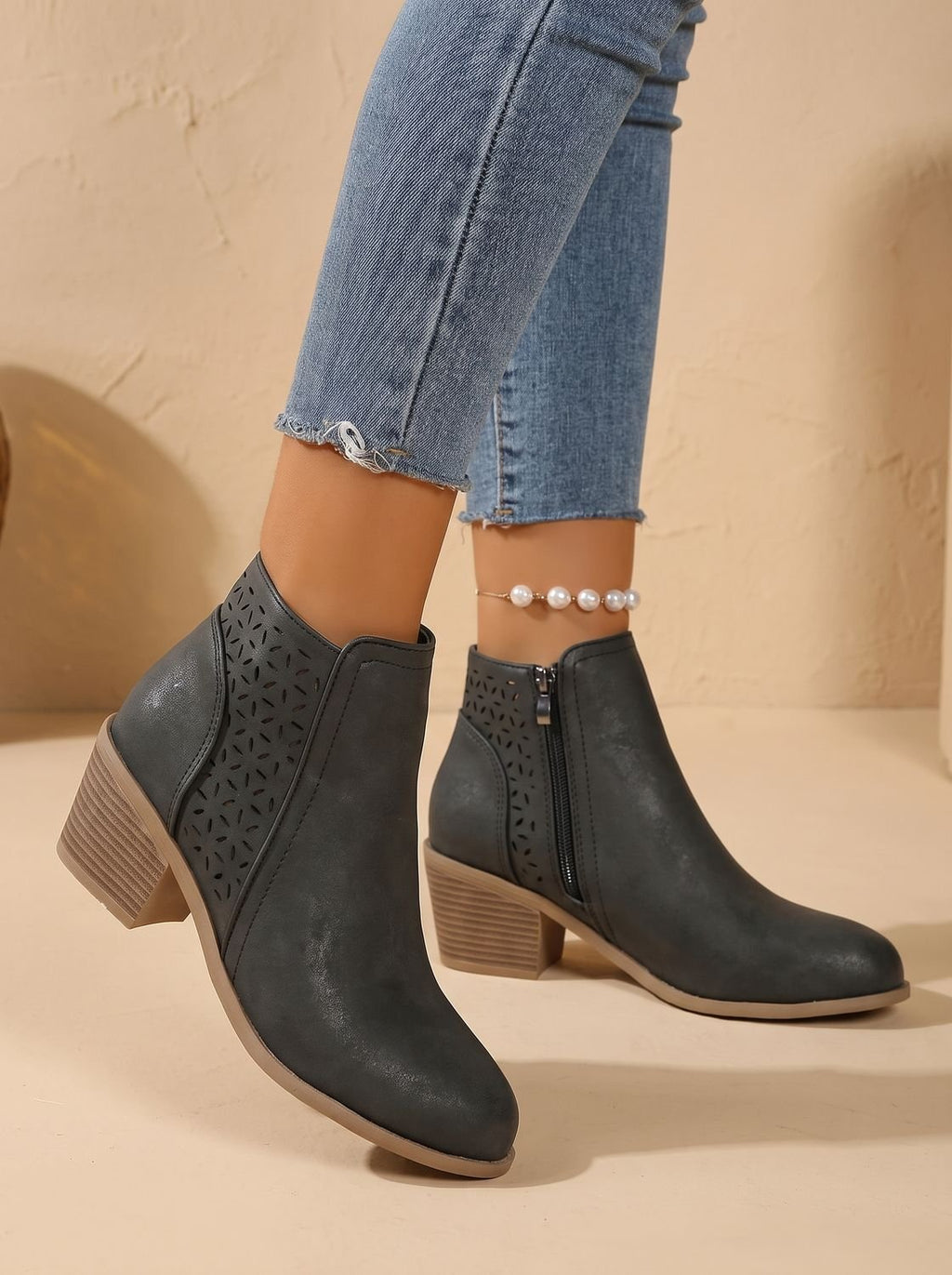 Women's Stacked Heel Orthopedic Ankle Boots with Cutout Detail