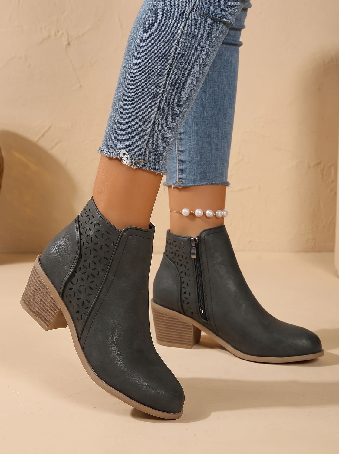 Women's Stacked Heel Orthopedic Ankle Boots with Cutout Detail