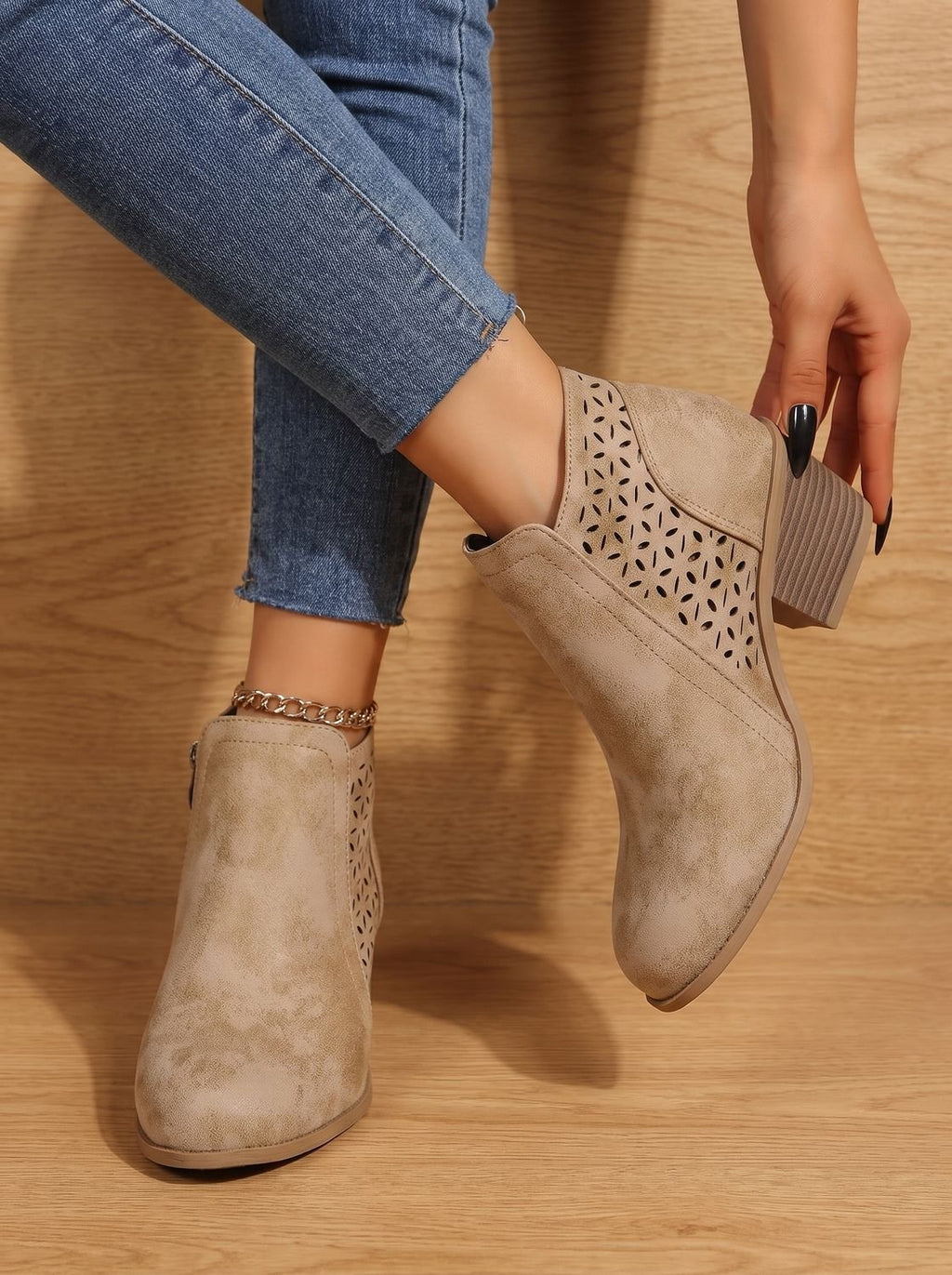Women's Stacked Heel Orthopedic Ankle Boots with Cutout Detail - Beige