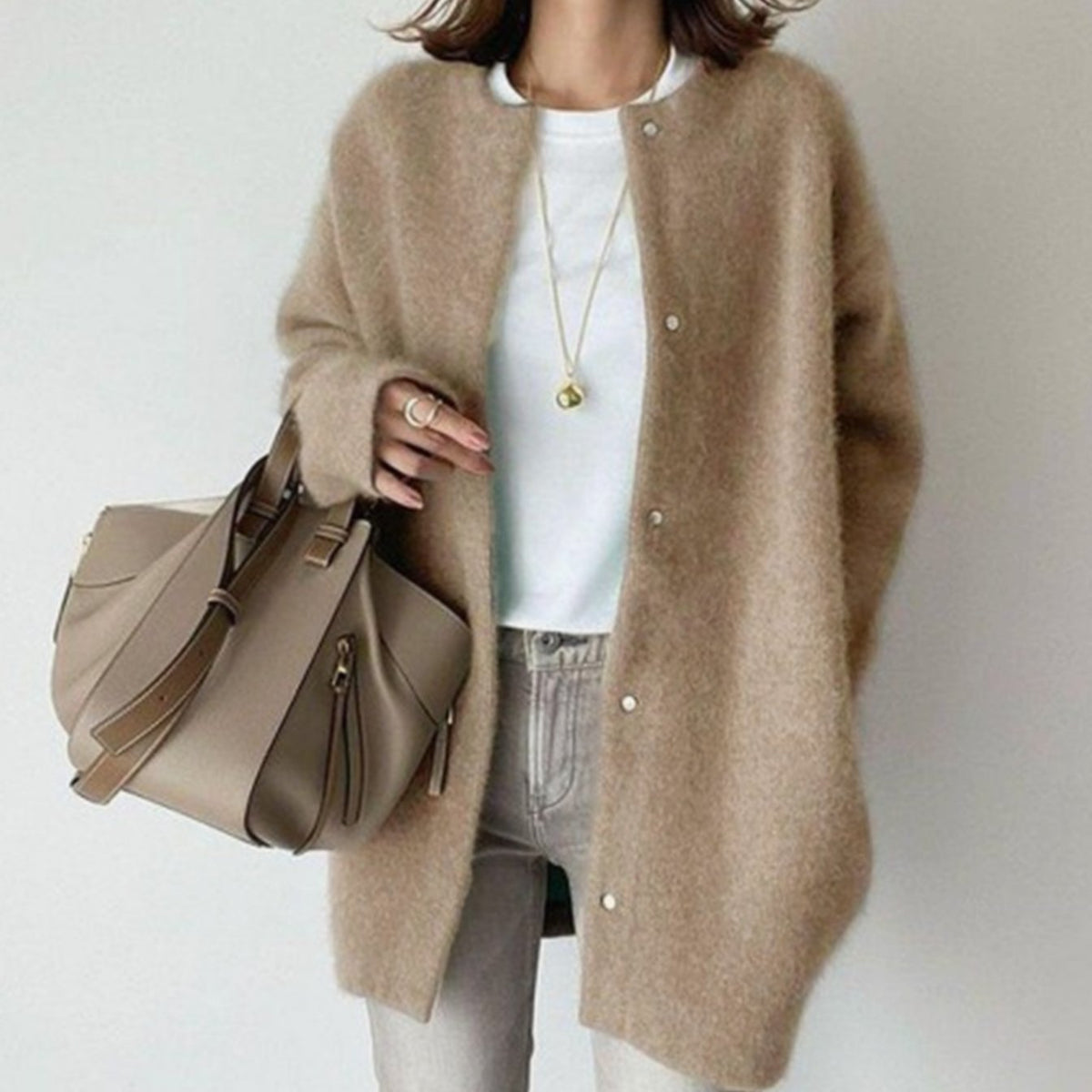 Women's Fuzzy Knit Oversized Winter Cardigan with Snap Buttons – Khaki