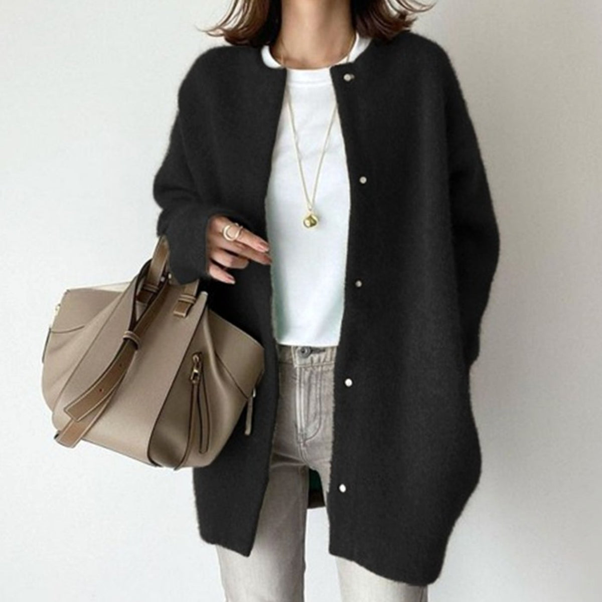 Women's Fuzzy Knit Oversized Winter Cardigan with Snap Buttons – Black