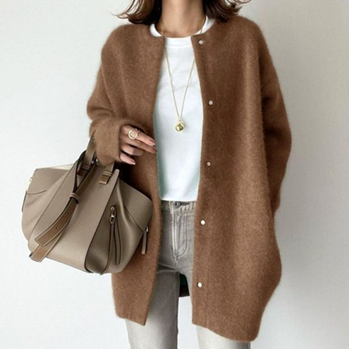 Women's Fuzzy Knit Oversized Winter Cardigan with Snap Buttons – Caramel