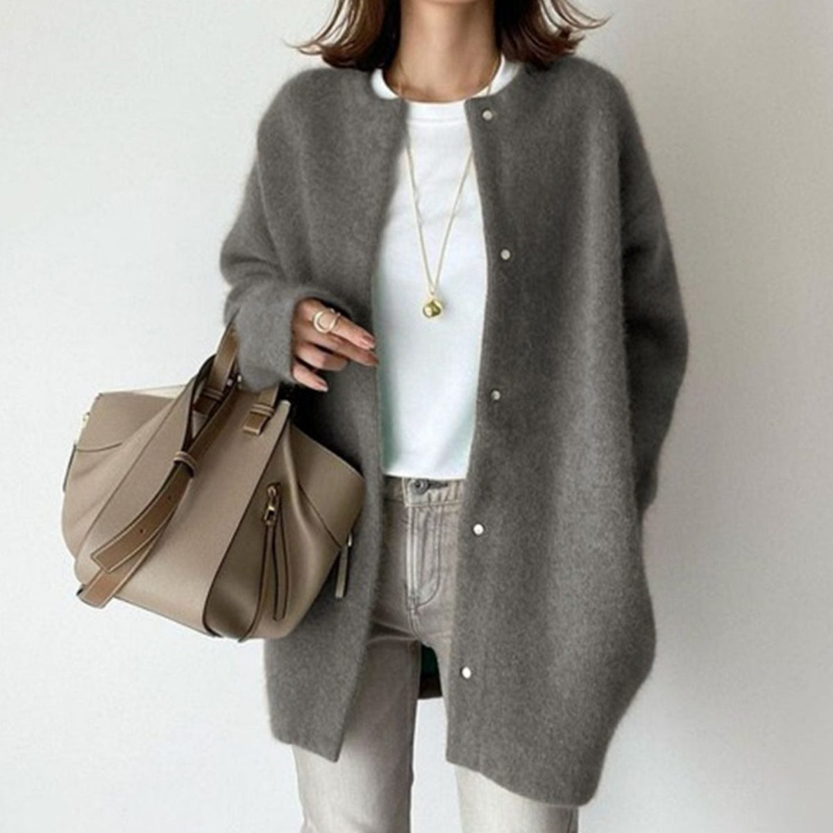 Women's Fuzzy Knit Oversized Winter Cardigan with Snap Buttons – Grey