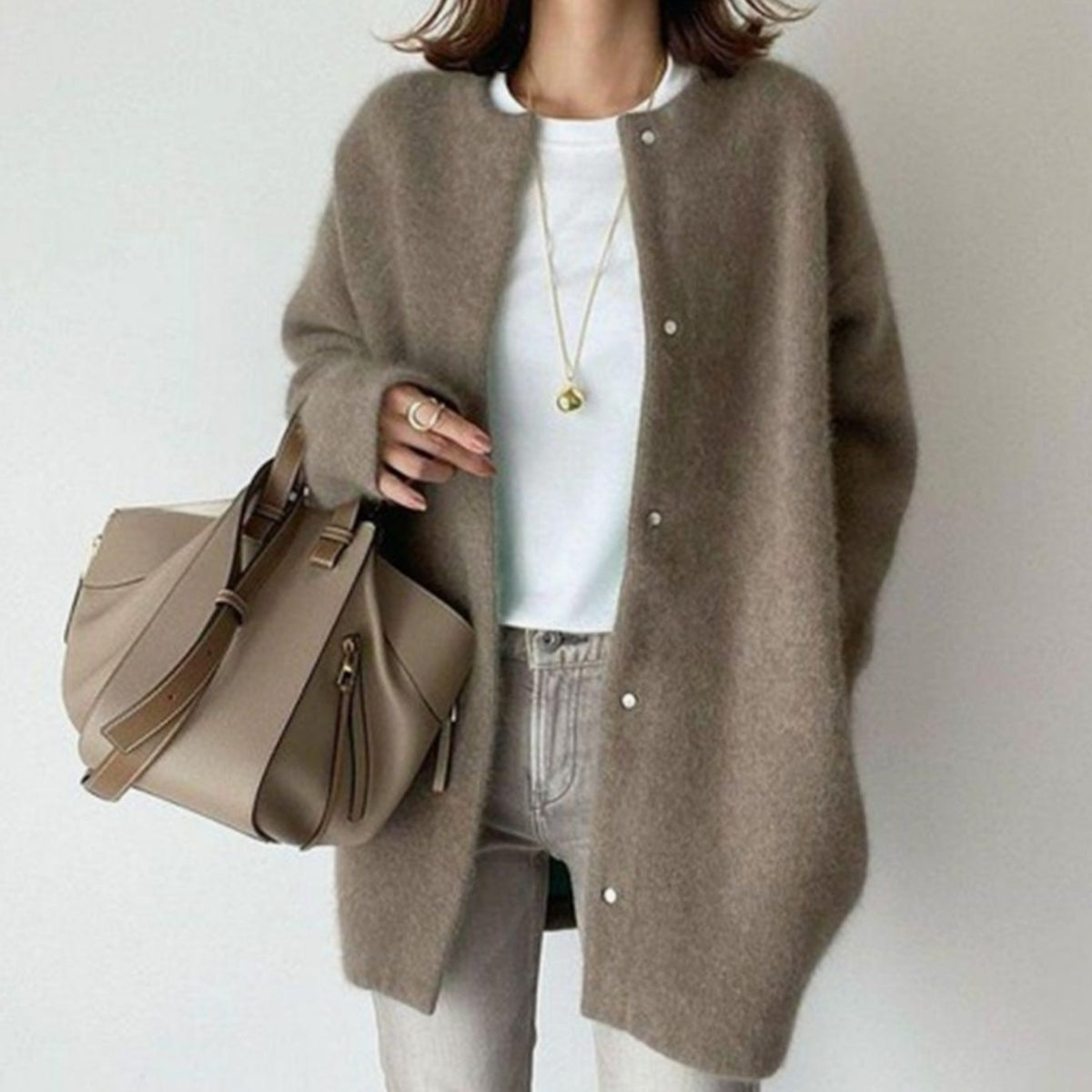 Women's Fuzzy Knit Oversized Winter Cardigan with Snap Buttons – Coffee