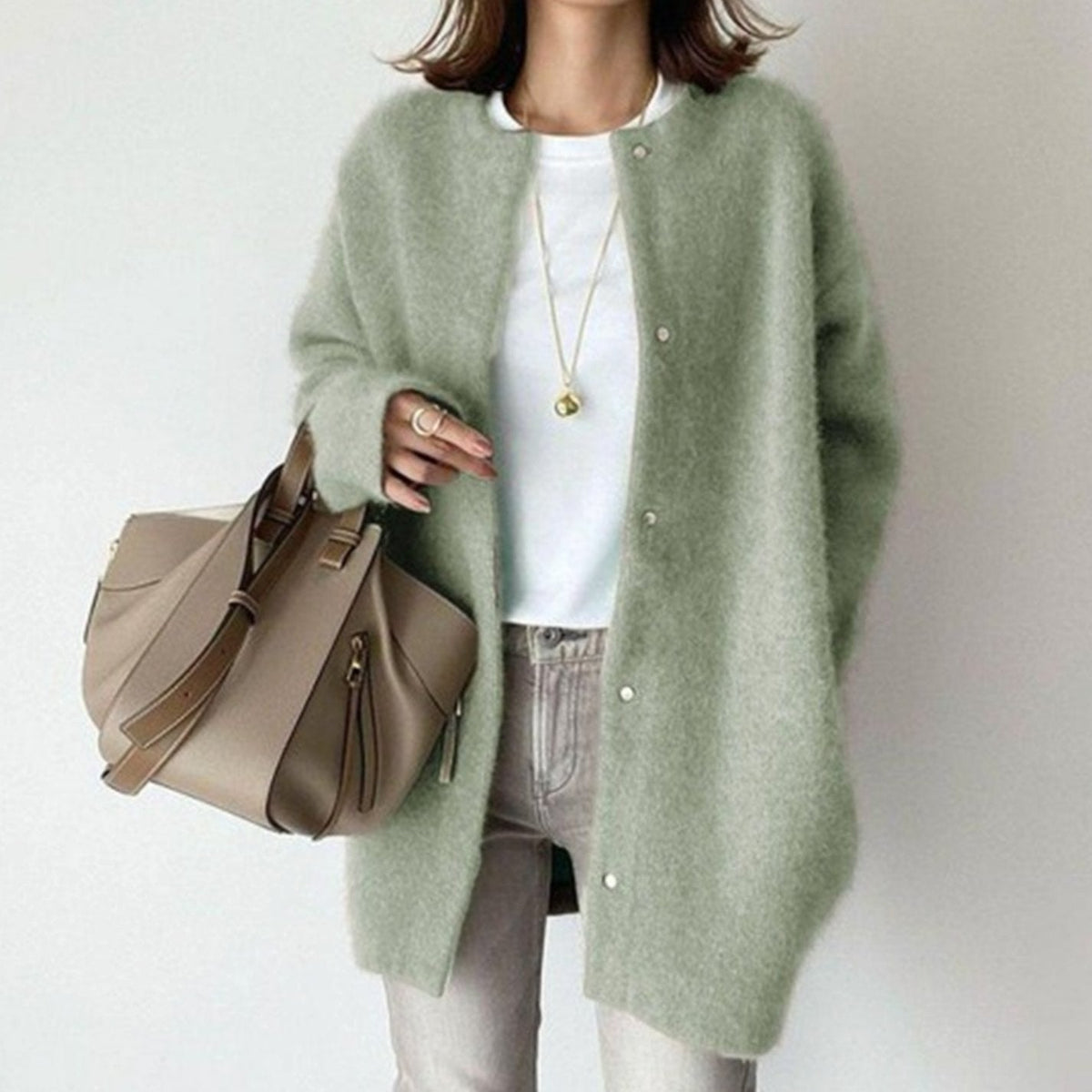 Women's Fuzzy Knit Oversized Winter Cardigan with Snap Buttons – Green