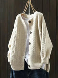 Women's Relaxed Cable-Knit Button-Front Cardigan with Ribbed Trims – Beige