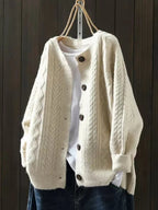 Women's Relaxed Cable-Knit Button-Front Cardigan with Ribbed Trims – Beige
