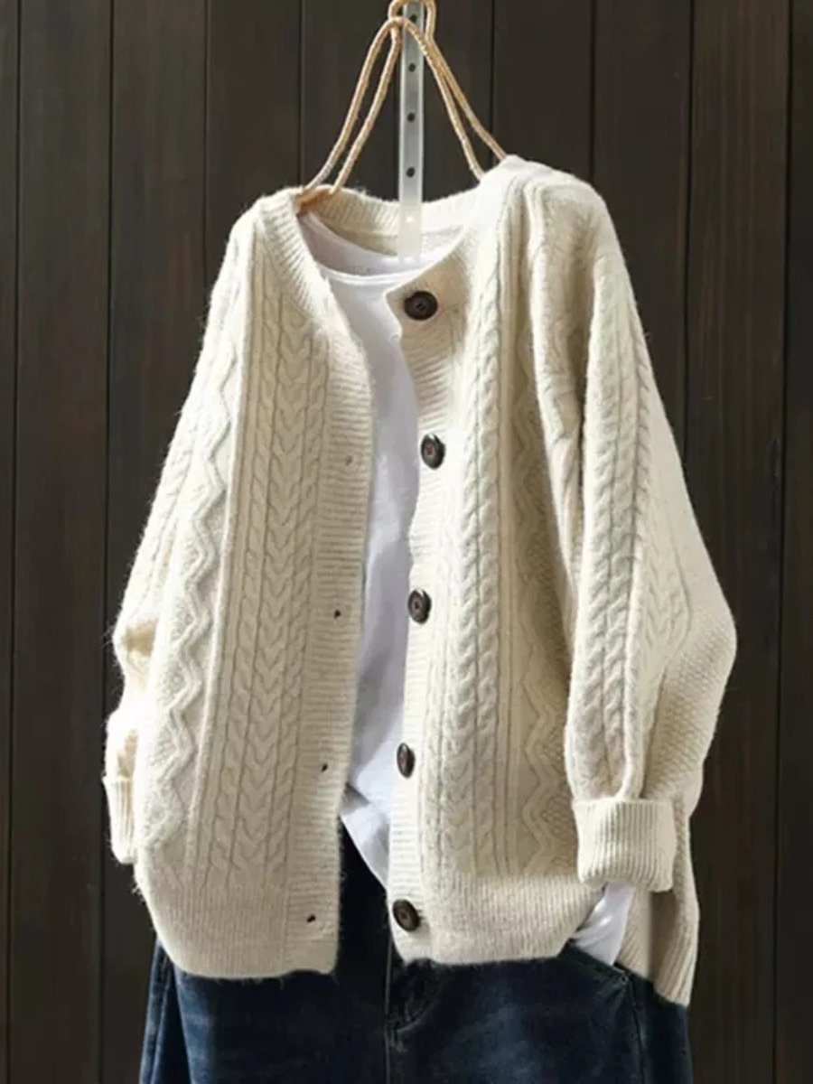 Women's Relaxed Cable-Knit Button-Front Cardigan with Ribbed Trims – Beige