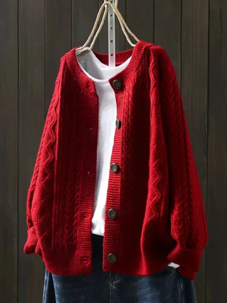 Women's Relaxed Cable-Knit Button-Front Cardigan with Ribbed Trims – Red