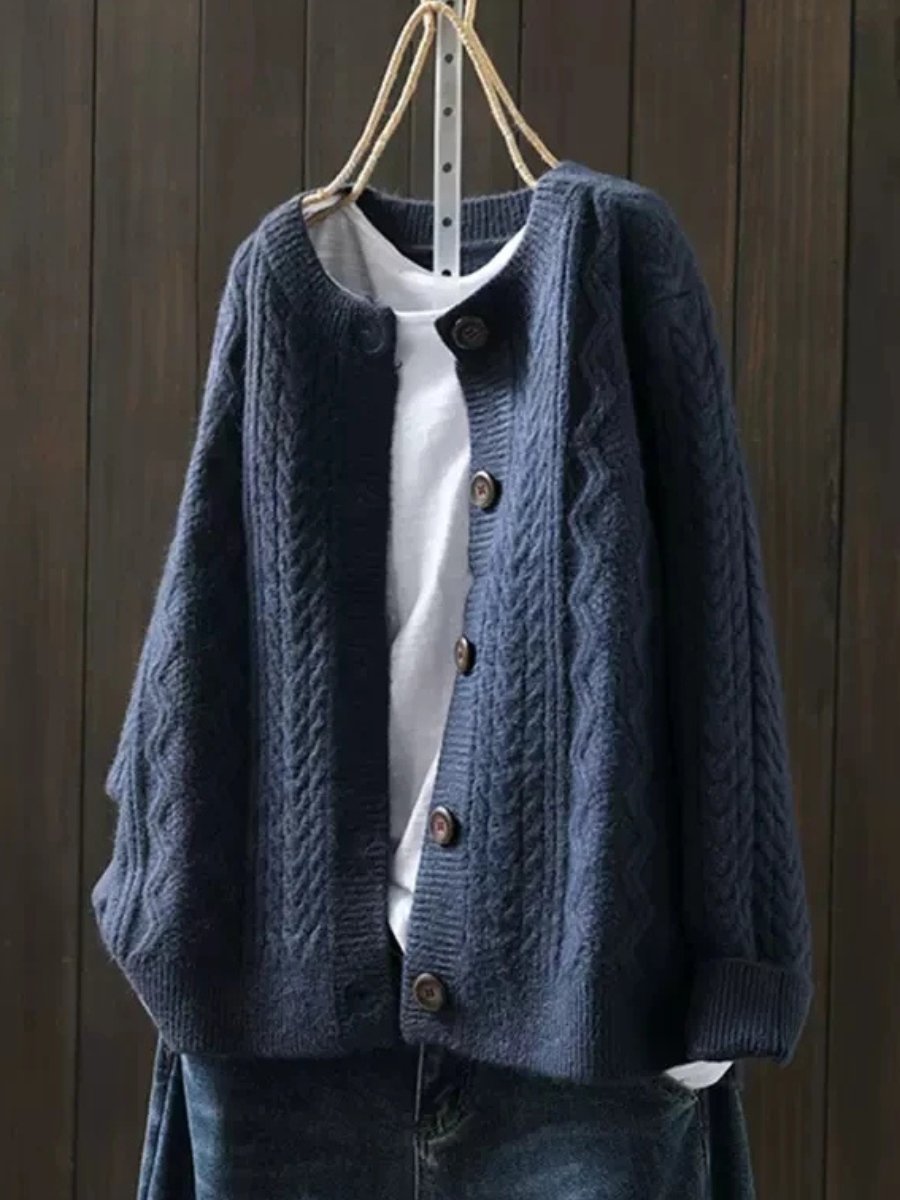 Women's Relaxed Cable-Knit Button-Front Cardigan with Ribbed Trims – Navy Blue