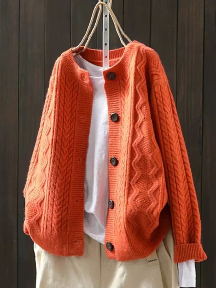 Women's Relaxed Cable-Knit Button-Front Cardigan with Ribbed Trims – Orange